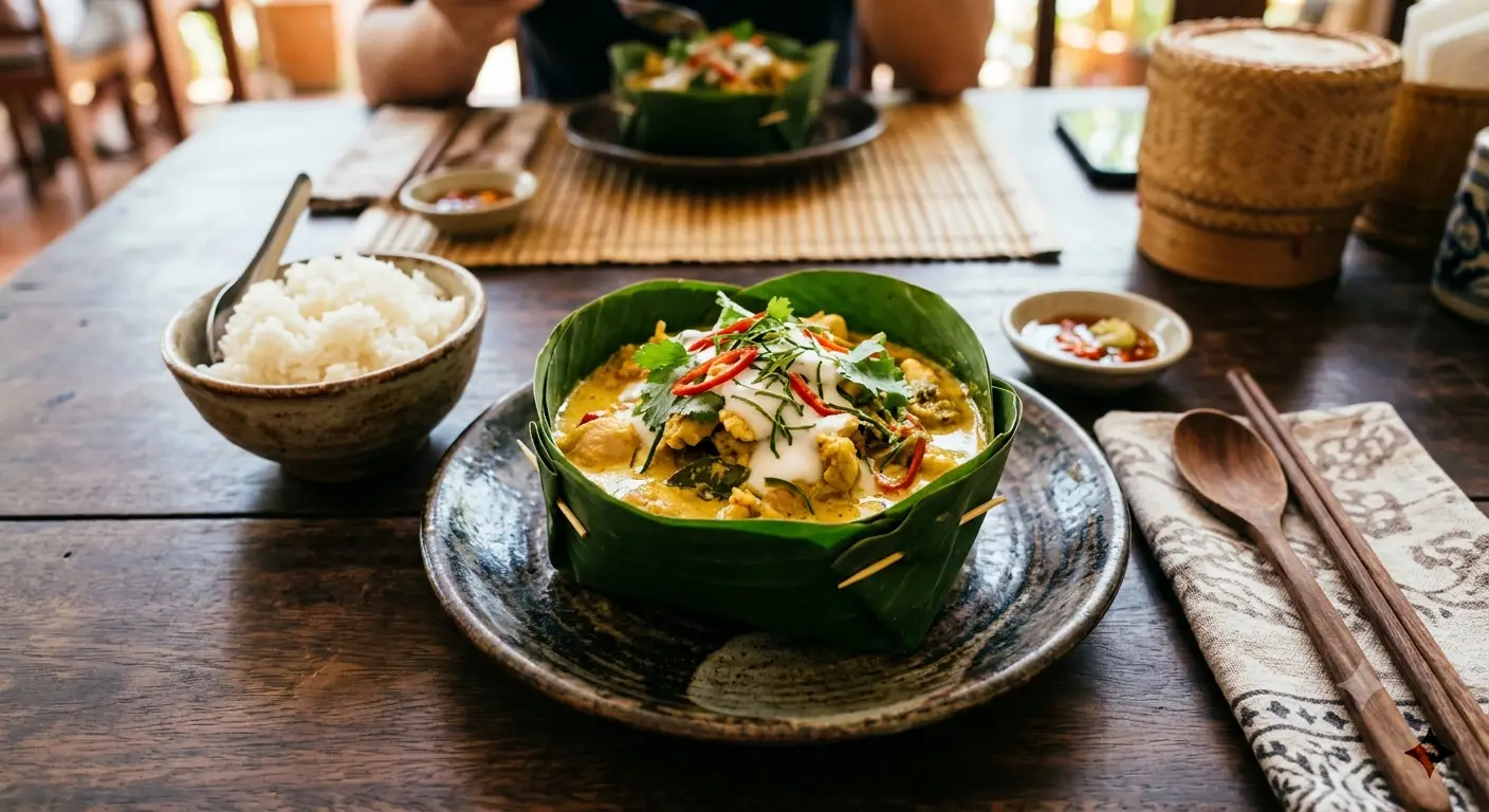 Amok, curry de poulet au lait de coco servi dans une feuille de bananier, plat typique du Cambodge