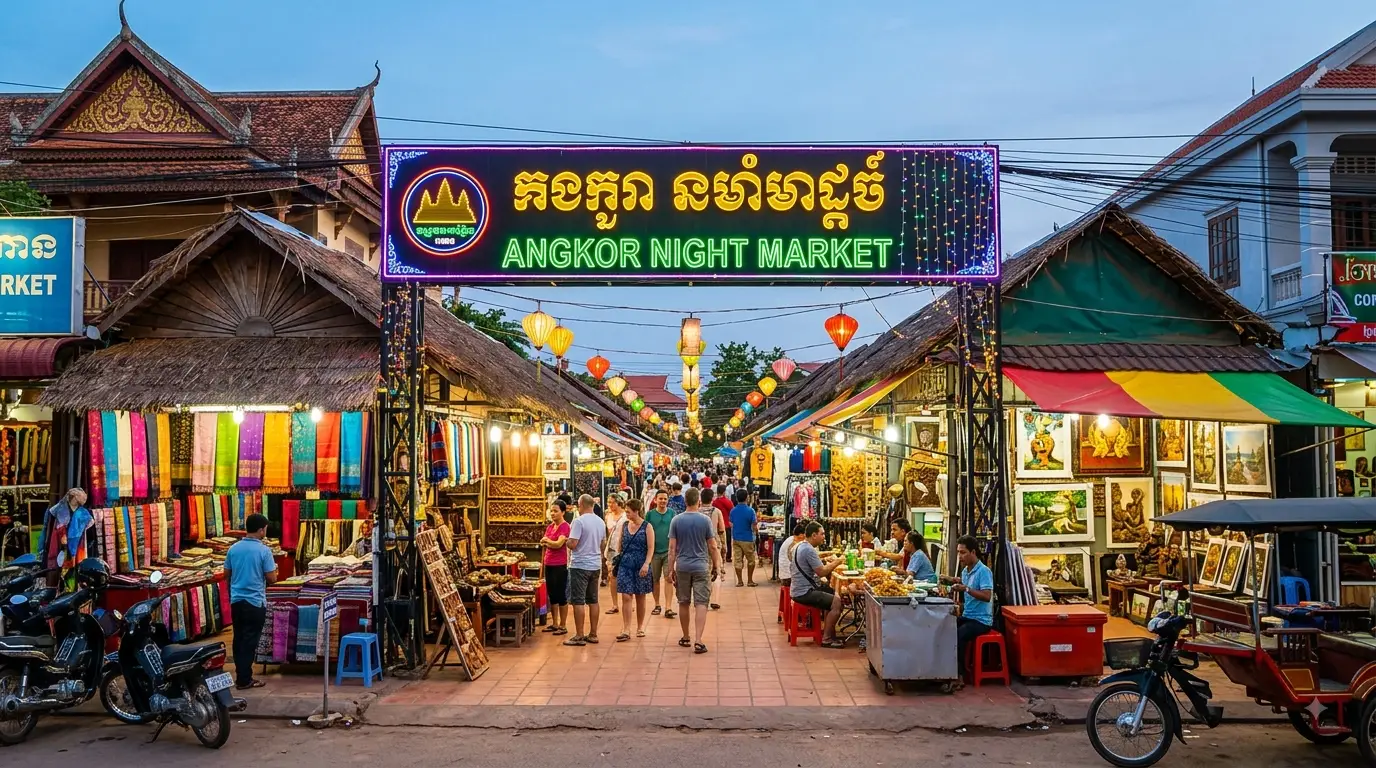 Entrée illuminée de l'Angkor Night Market à Siem Reap avec ses étals d'artisanat