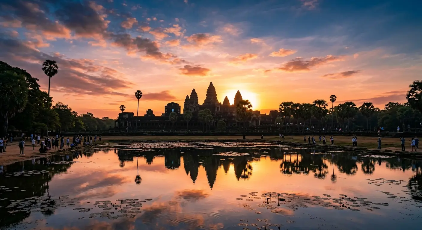 Complexe d'Angkor Wat au lever du soleil, reflets dans les douves