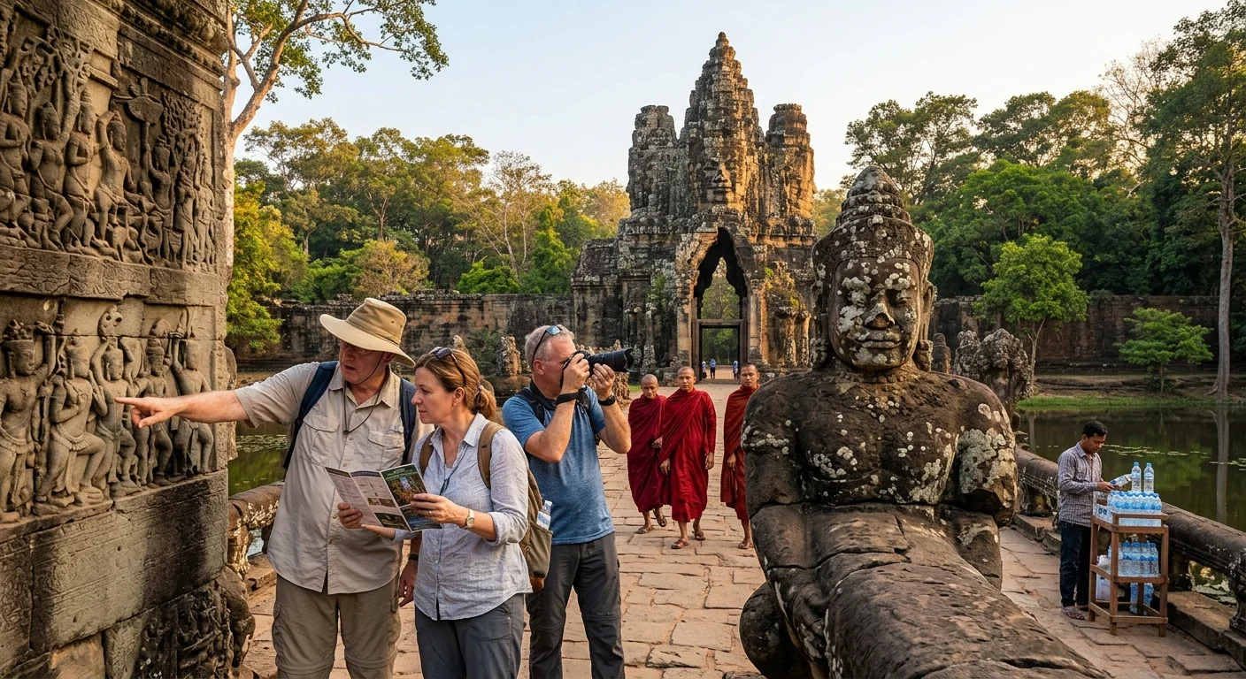 Voyageurs et moines bouddhistes devant la porte sud d'Angkor Thom au lever du soleil