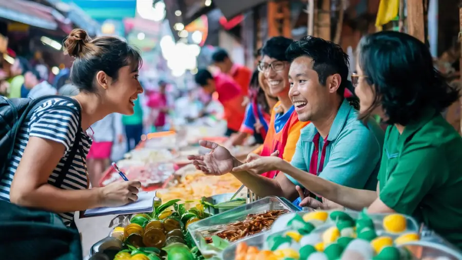 Voyageuse qui apprend à parler le khmer en échangeant avec des vendeurs cambodgiens au marché de Siem Reap