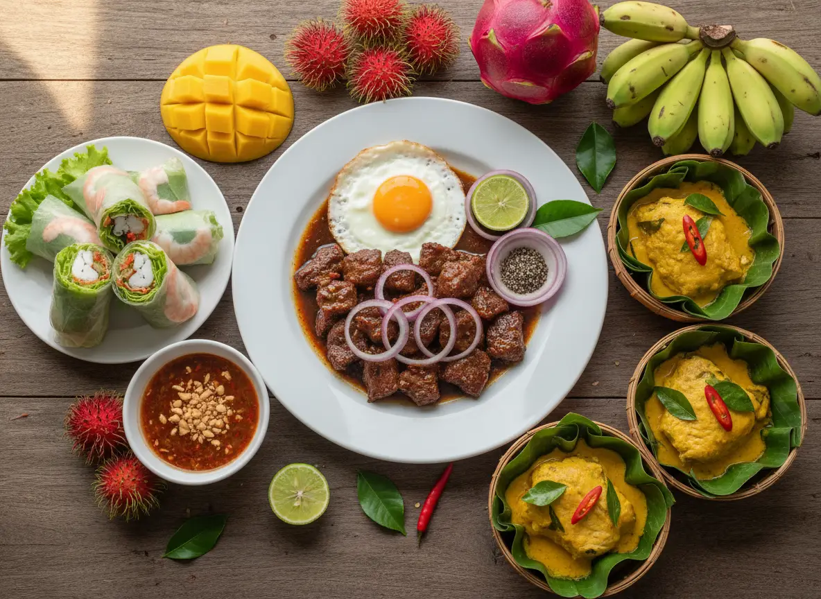 Sélection de plats typiques de la cuisine cambodgienne : Fish Amok, Lok Lak, fruits tropicaux