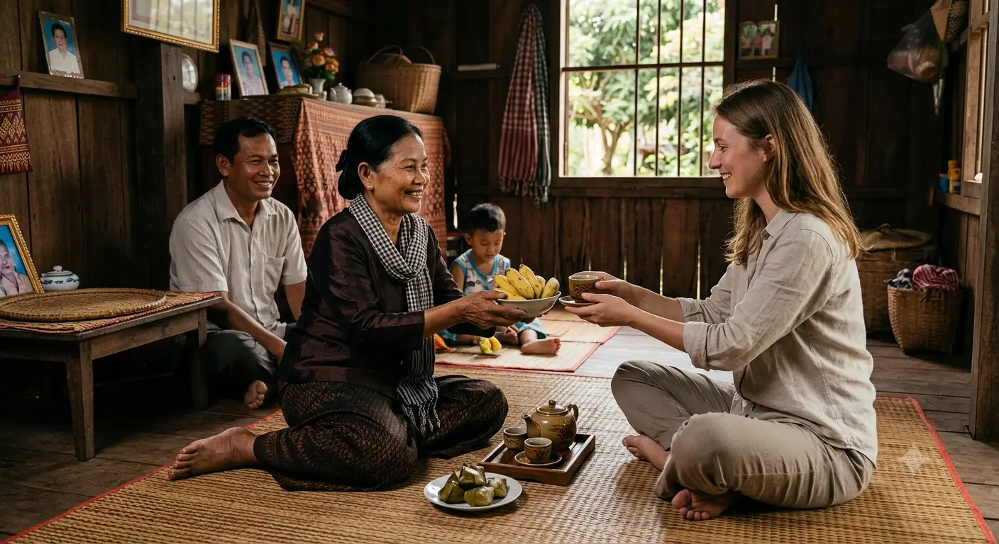 Famille cambodgienne accueillant une voyageuse autour du thé, tradition d'hospitalité khmère