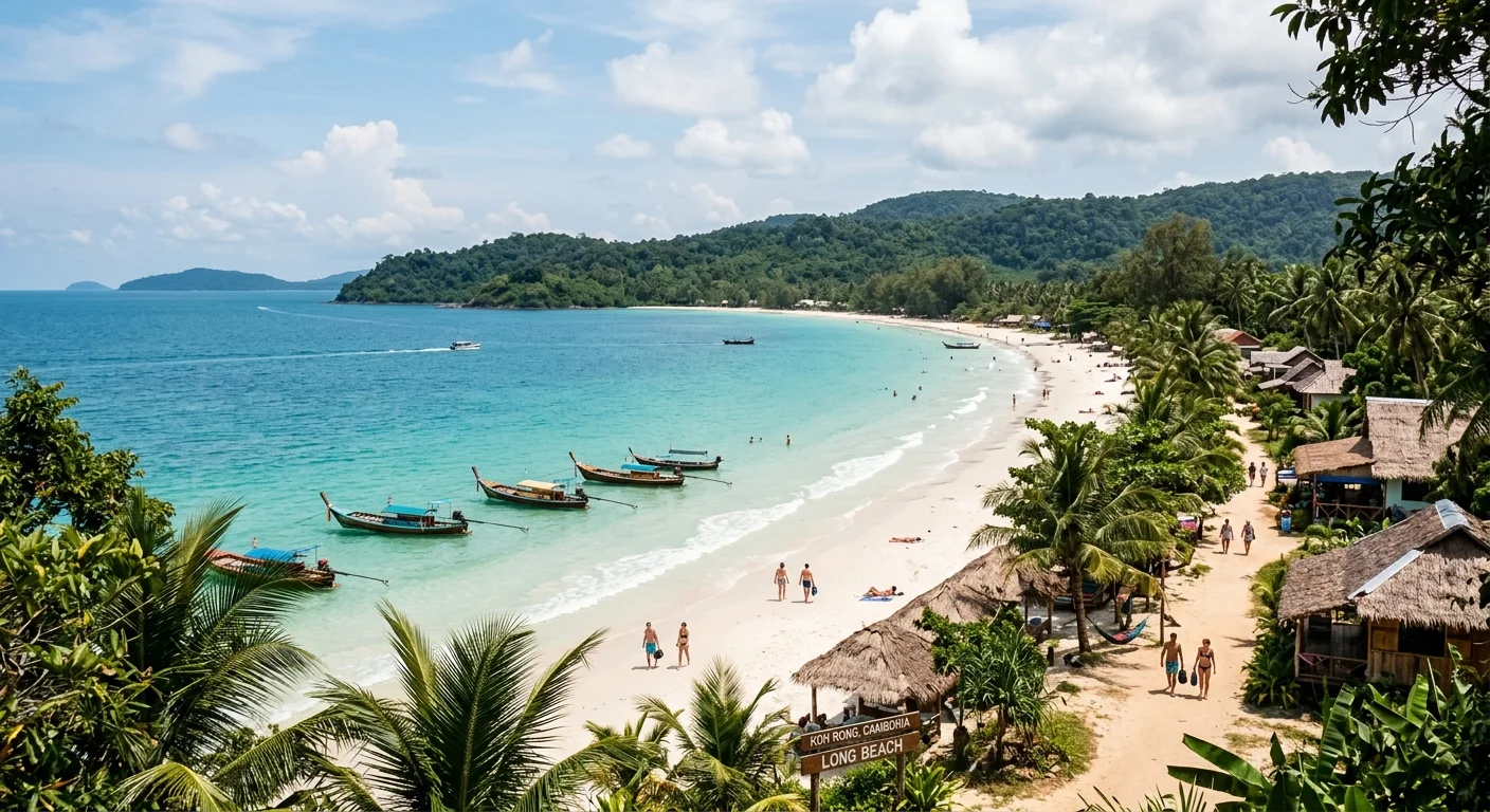 Plage de sable blanc et eaux turquoise de Long Beach à Koh Rong, île du Cambodge