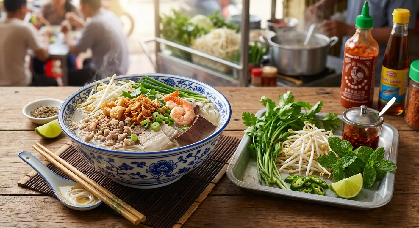 Kuy teav, soupe de nouilles de riz cambodgienne, servie avec ses accompagnements frais