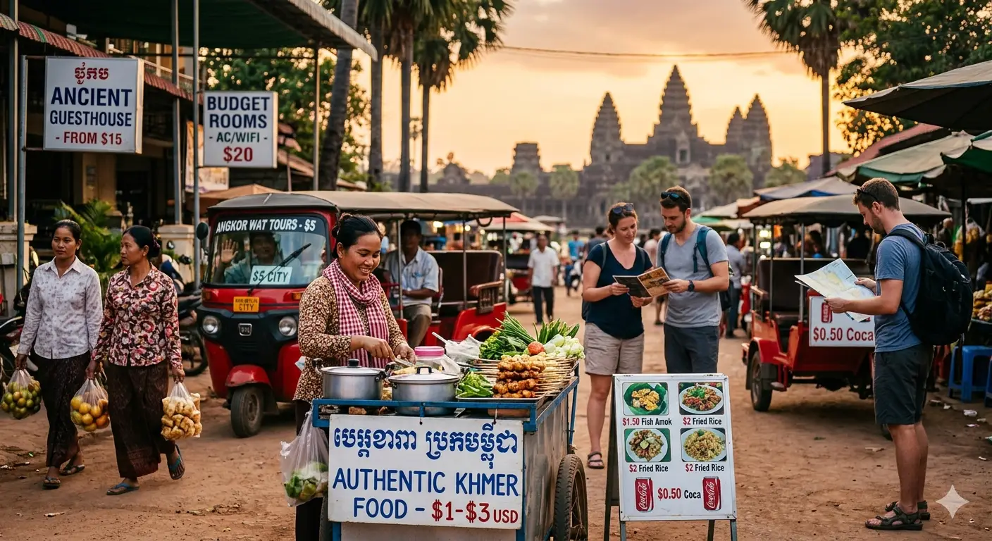 Marché de rue à Siem Reap avec Angkor Wat en arrière-plan — budget voyage Cambodge 2026