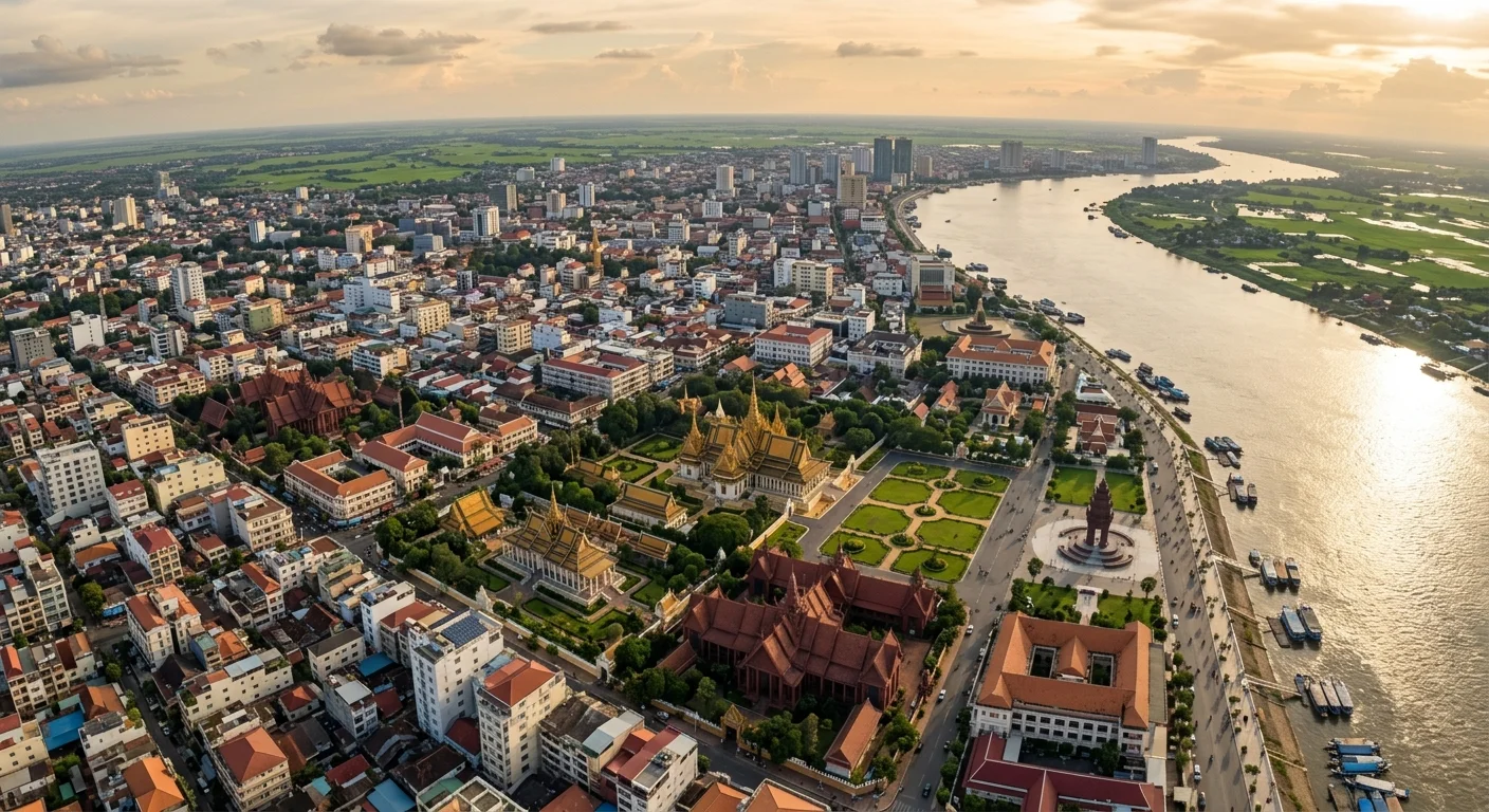 Vue aérienne de Phnom Penh au coucher du soleil, capitale du Cambodge