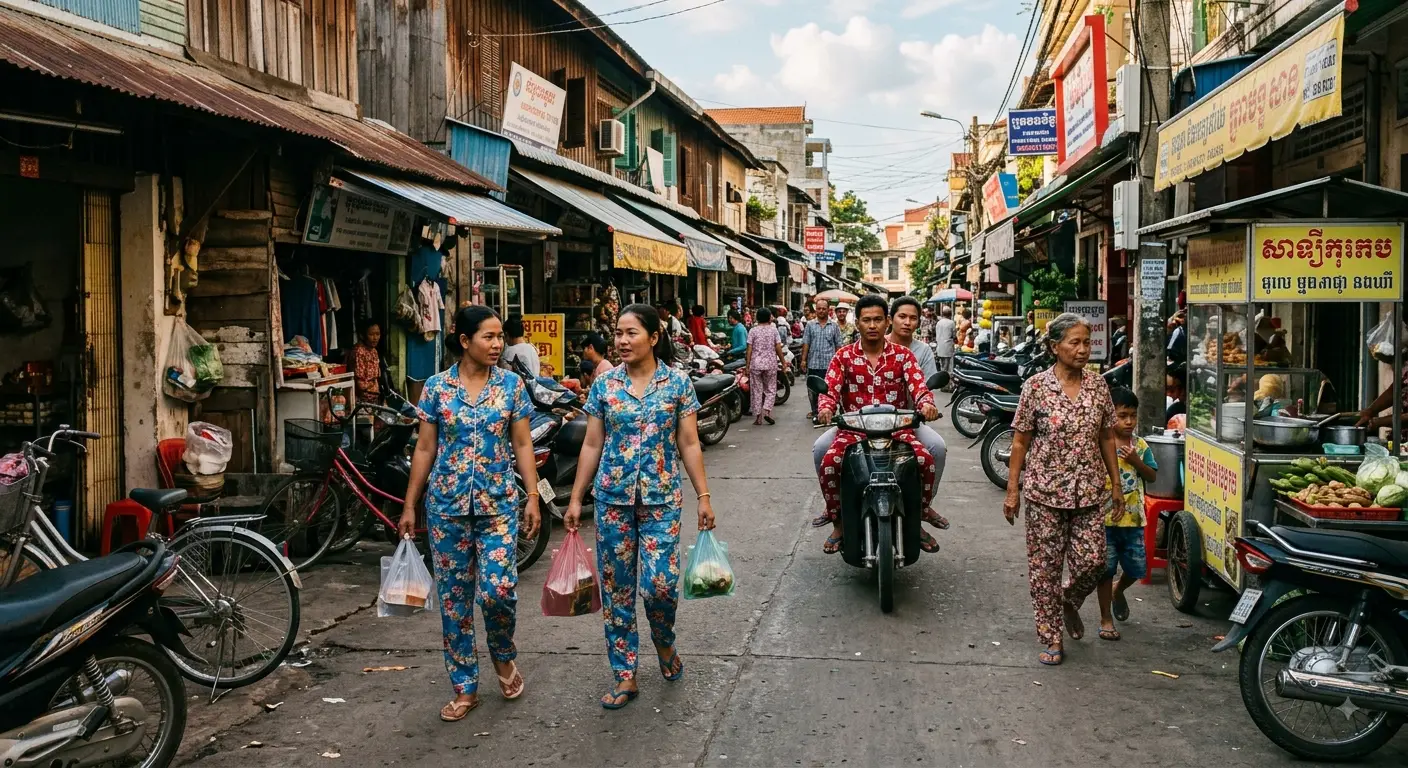 Cambodgiennes en pyjama fleuri faisant leurs courses dans une rue animée du Cambodge