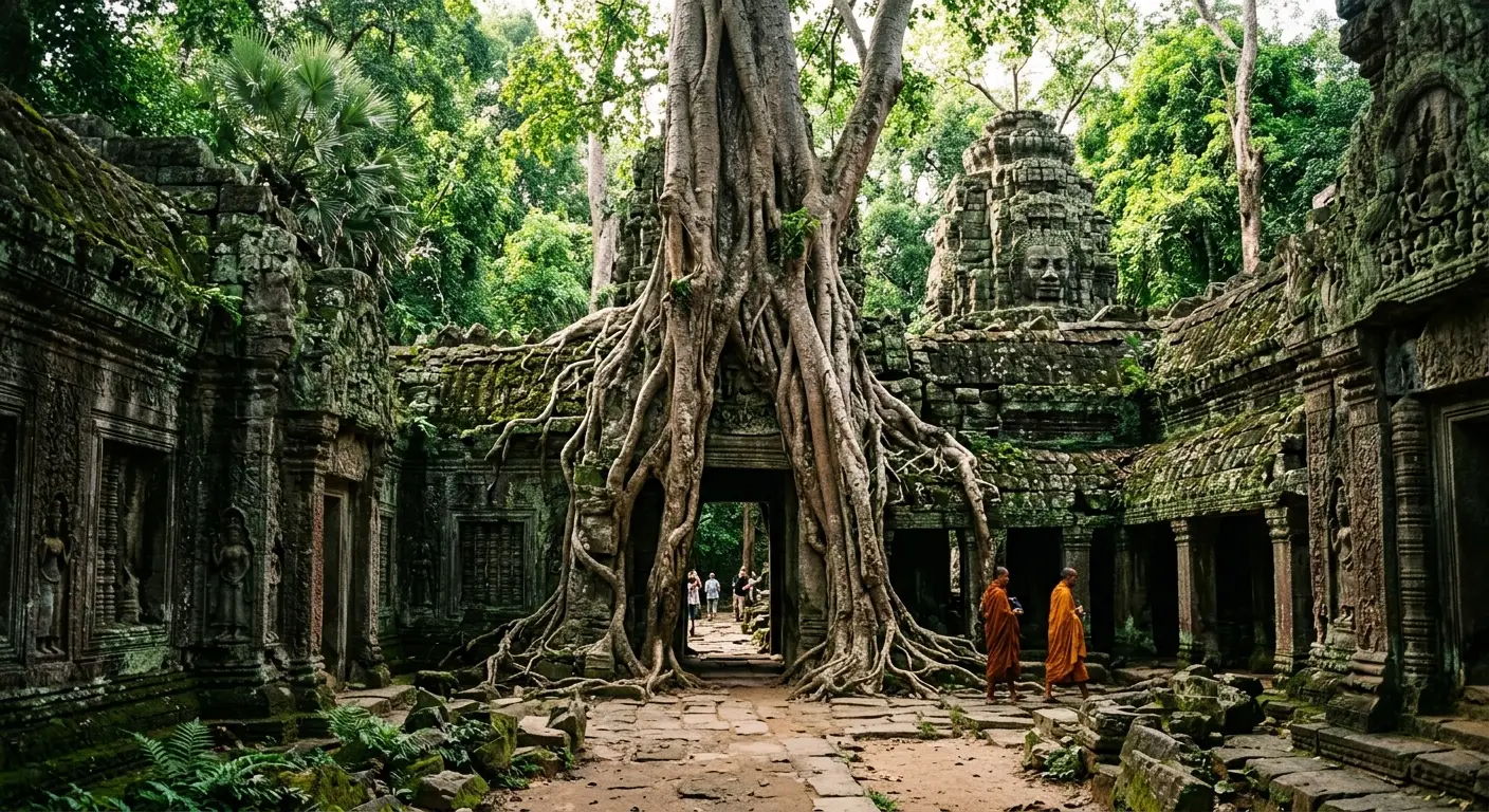 Racines géantes d'un arbre fromager enlaçant les ruines du temple de Ta Prohm à Angkor