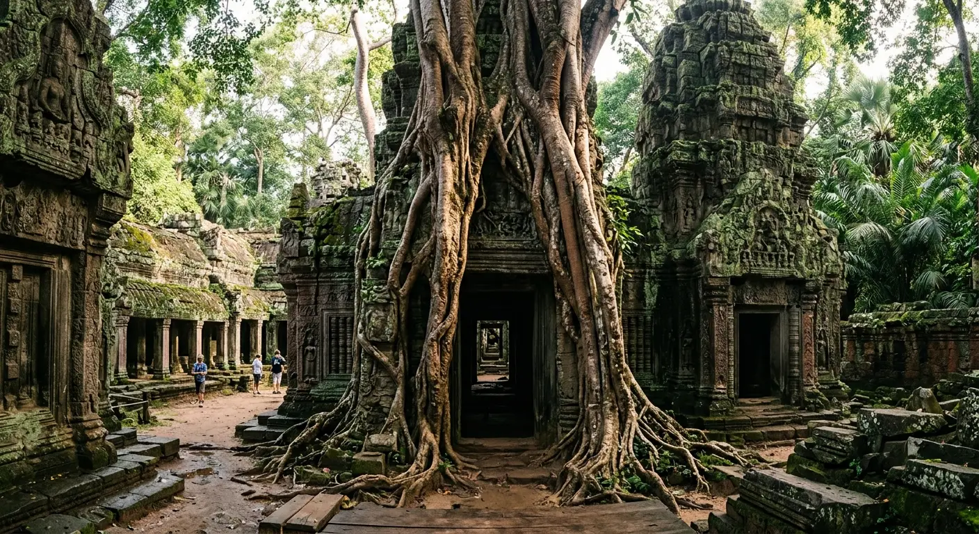 Ta Prohm — racines d'arbres géants enlaçant les murs du temple, Angkor, Cambodge