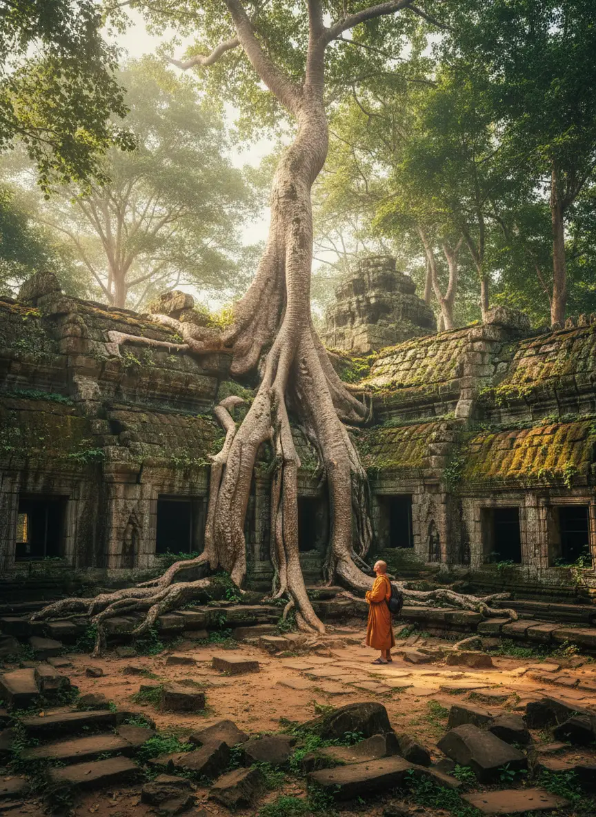 Le temple Ta Prohm envahi par les racines de fromagers à Angkor