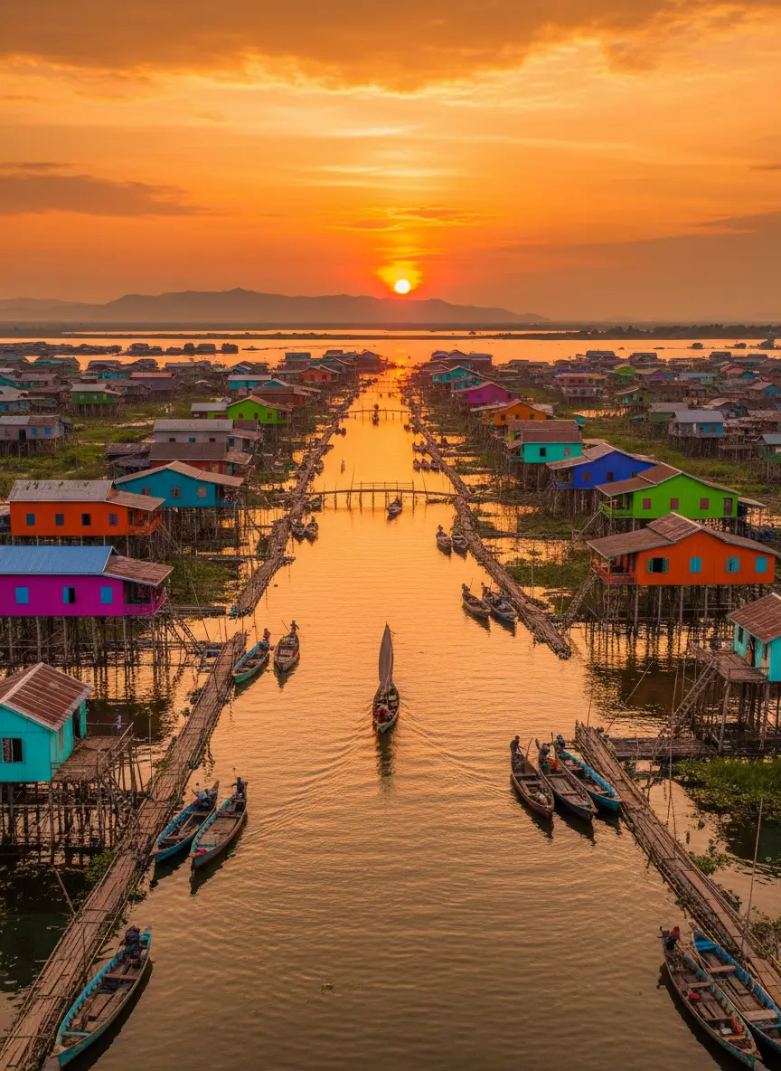 Maisons sur pilotis et villages flottants du lac Tonlé Sap