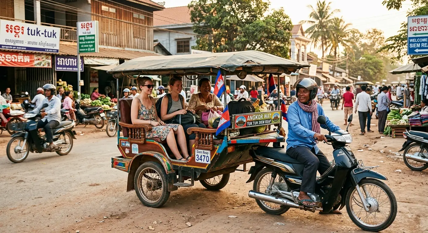 Tuk-tuk cambodgien transportant des voyageuses dans les rues de Siem Reap au coucher du soleil
