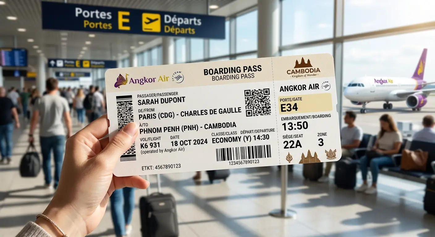 Carte d'embarquement pour un vol vers le Cambodge dans un aéroport international