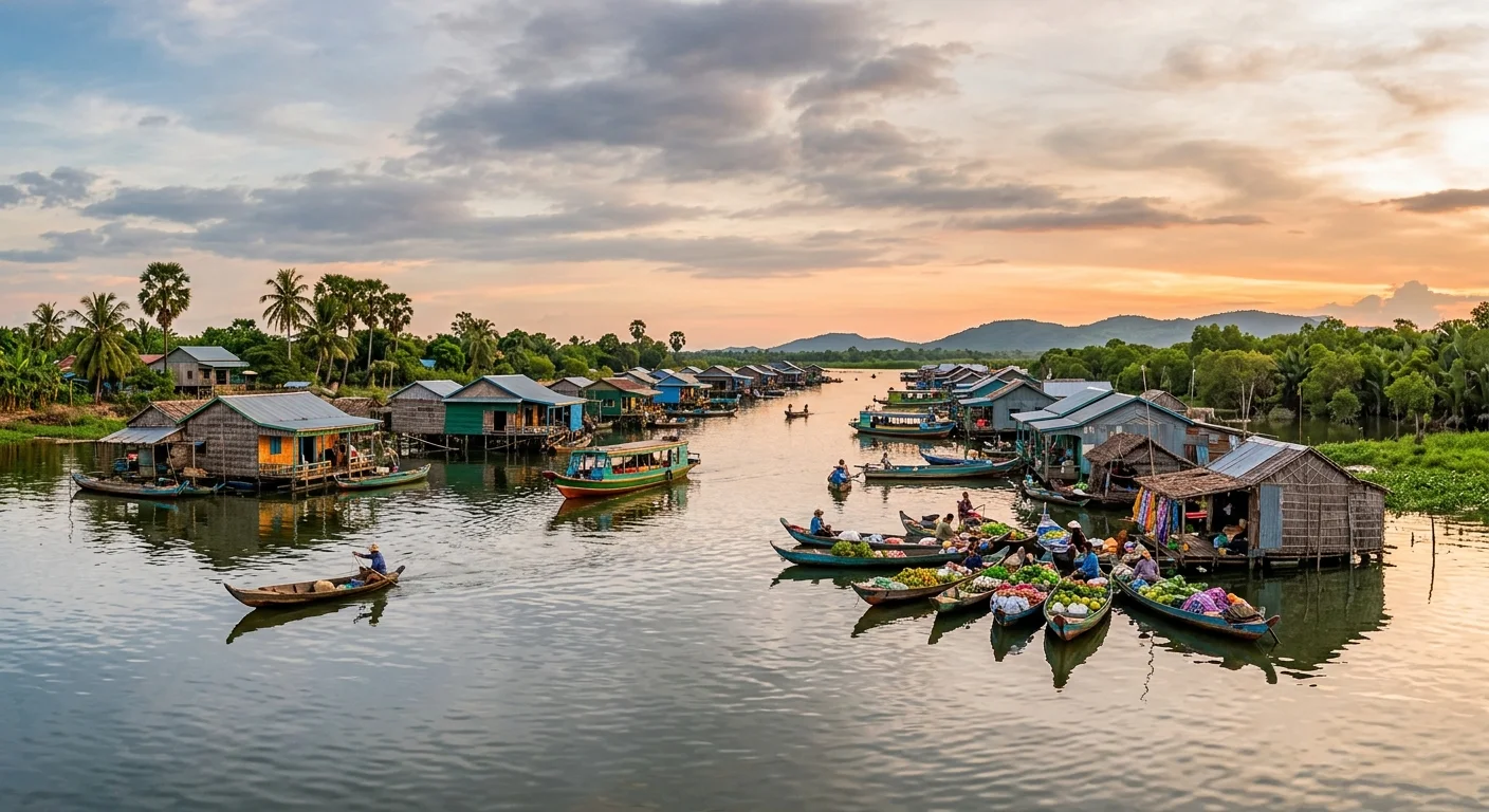 Village flottant sur le lac Tonlé Sap au coucher du soleil avec bateaux de pêcheurs