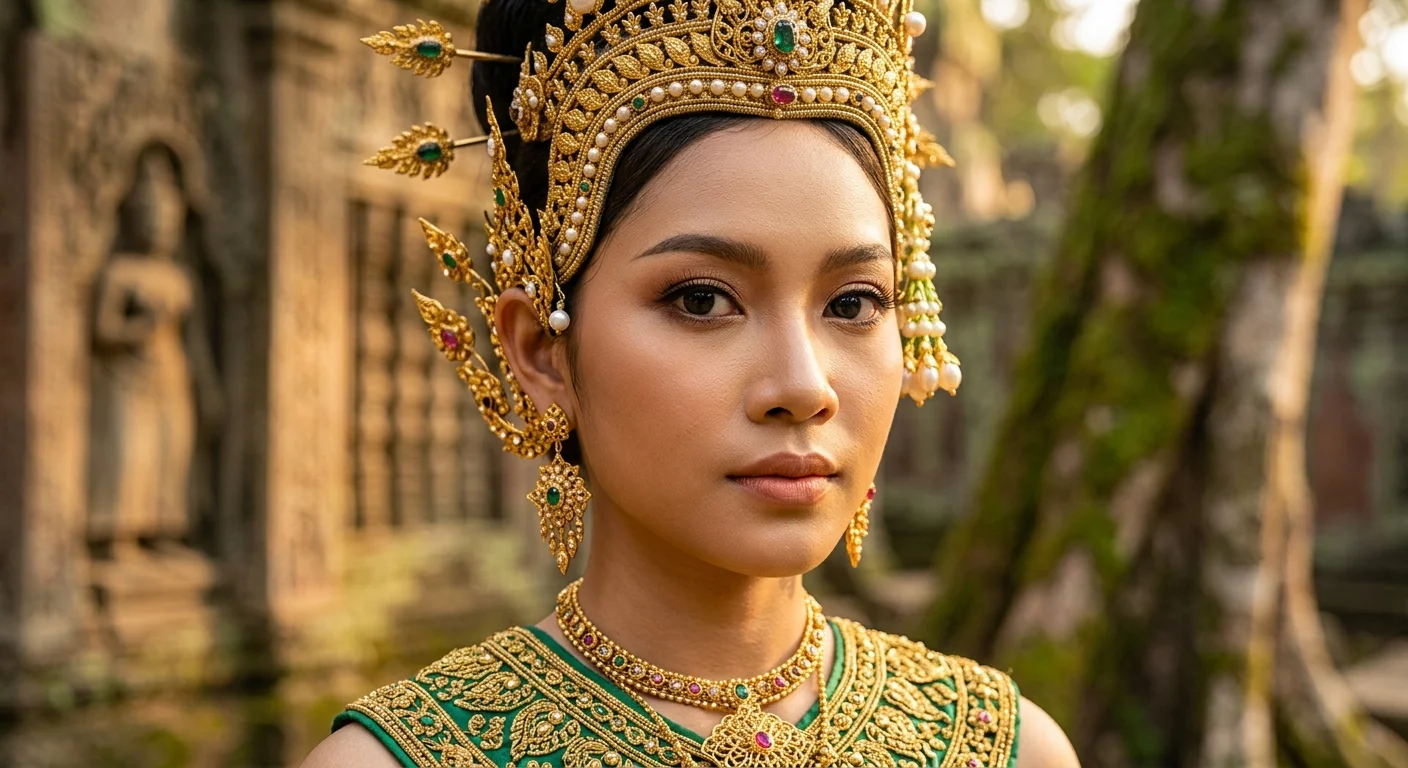 Portrait d'une danseuse Apsara en costume traditionnel doré devant les temples d'Angkor