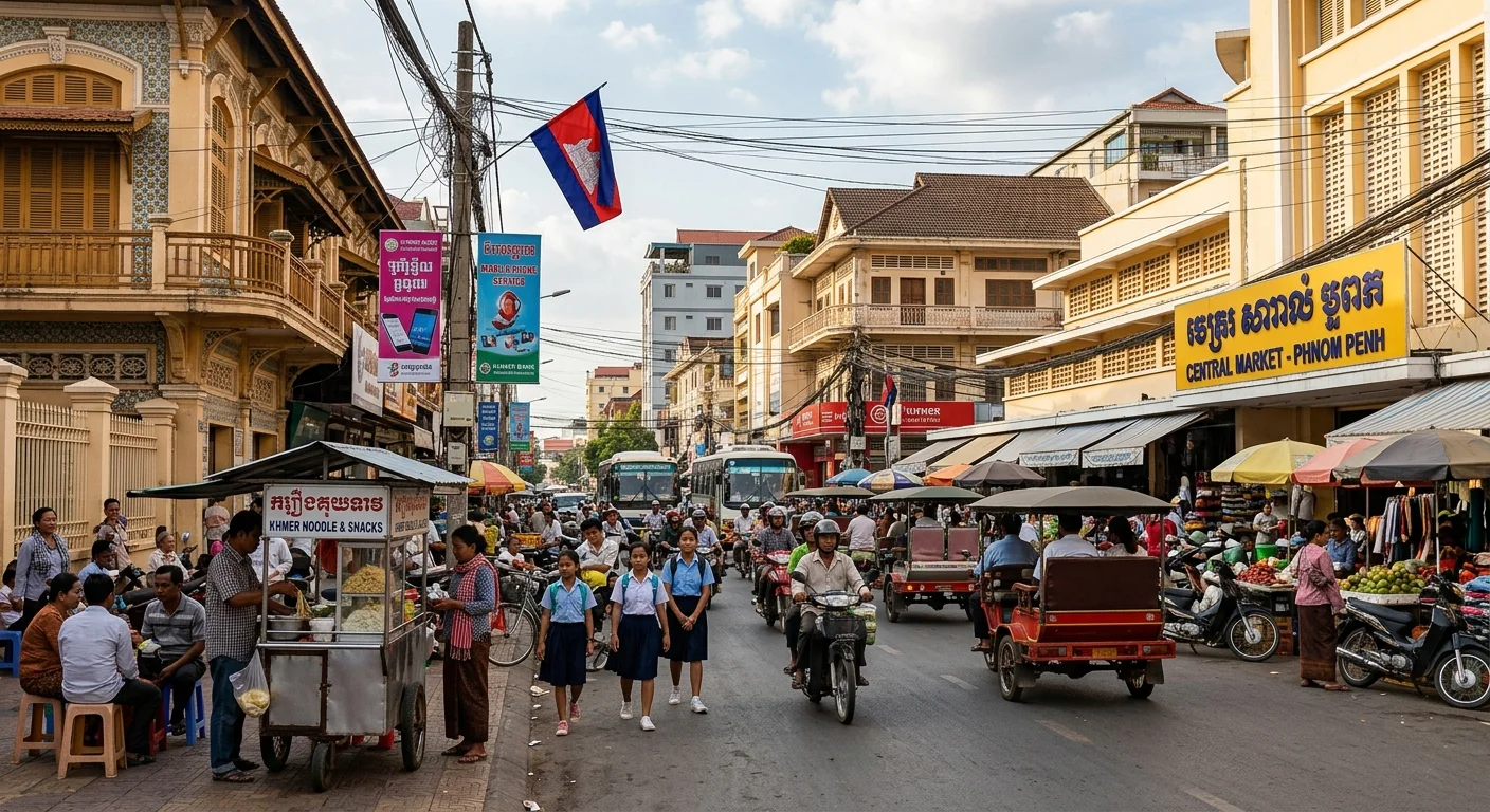 Rue animée devant le marché central de Phnom Penh avec tuk-tuks et écoliers cambodgiens