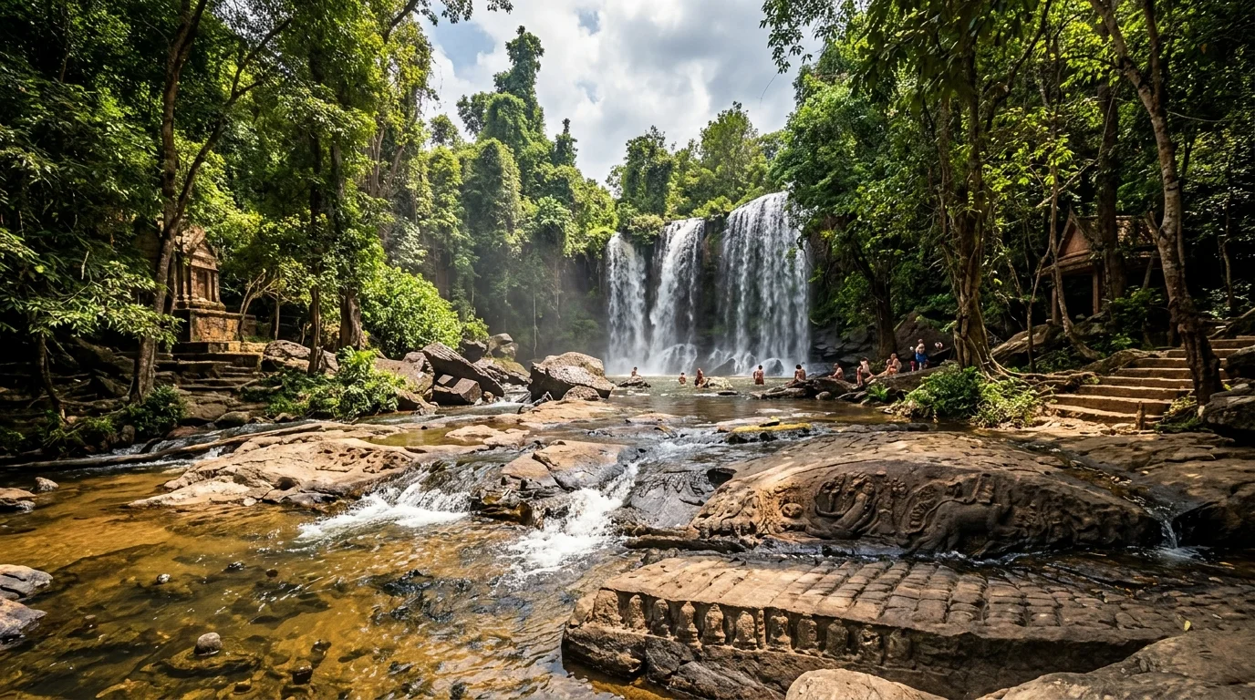 Cascade de Phnom Kulen entourée de jungle avec baigneurs, montagne sacrée du Cambodge