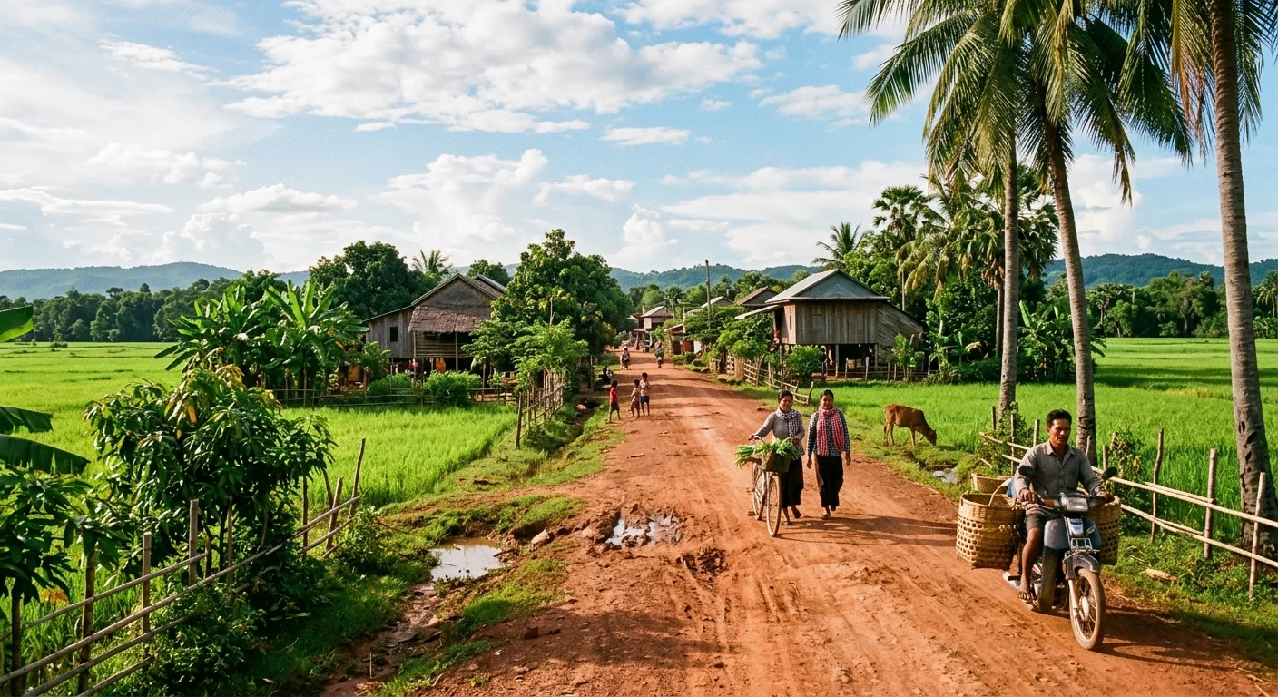 Route de campagne bordée de rizières verdoyantes dans un village cambodgien