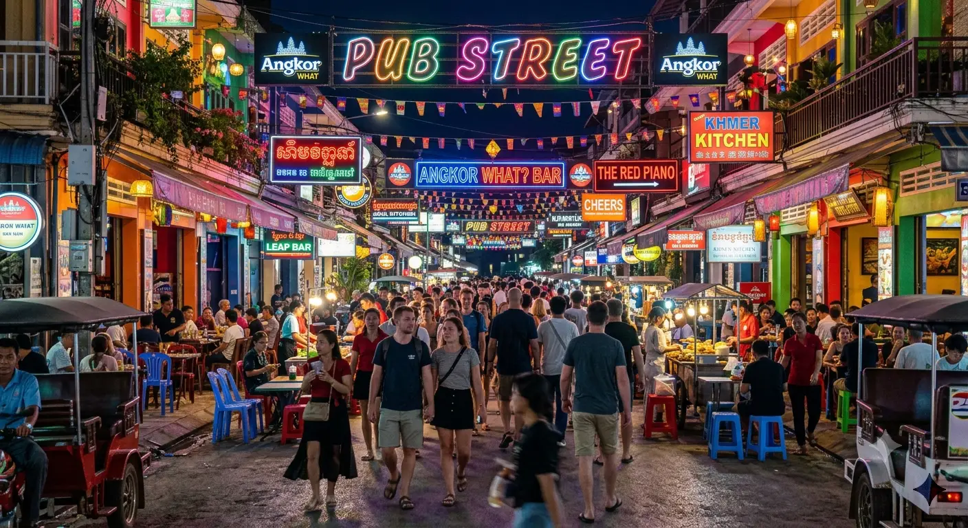 Pub Street à Siem Reap — rue animée la nuit avec bars et restaurants