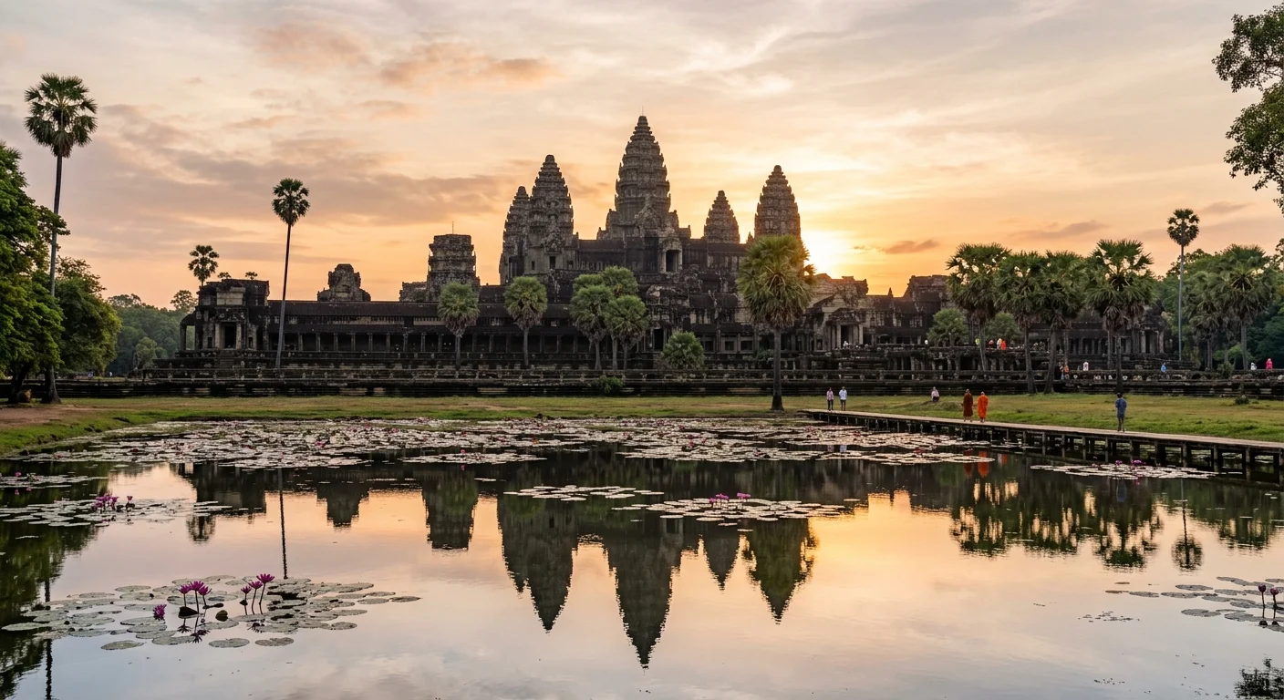 Angkor Wat au lever du soleil, reflet des tours dans le bassin sacré, Cambodge