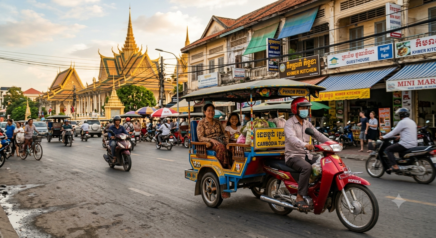 Tuk-tuk cambodgien dans une rue animée de Phnom Penh, devant le Palais Royal