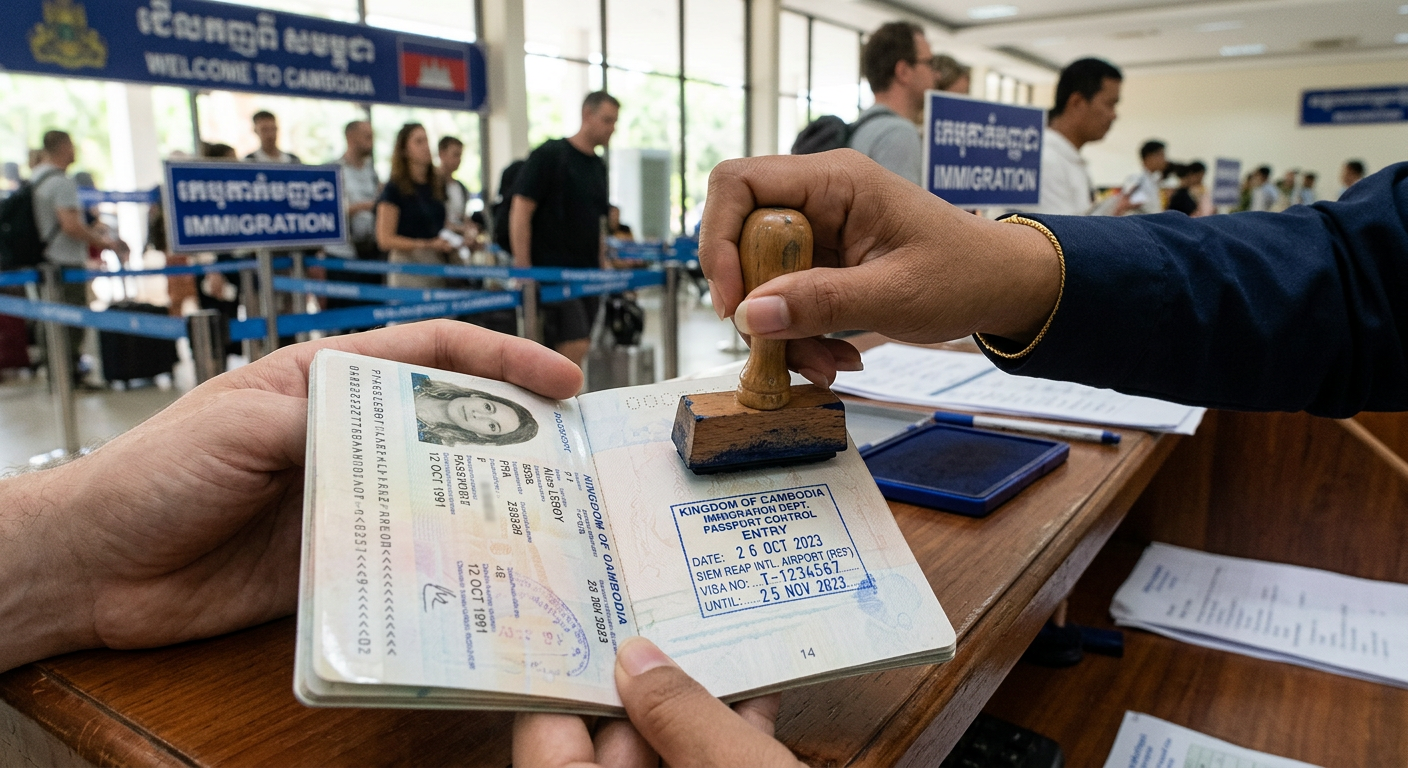 Tampon visa Cambodge sur passeport à l'immigration de l'aéroport de Siem Reap